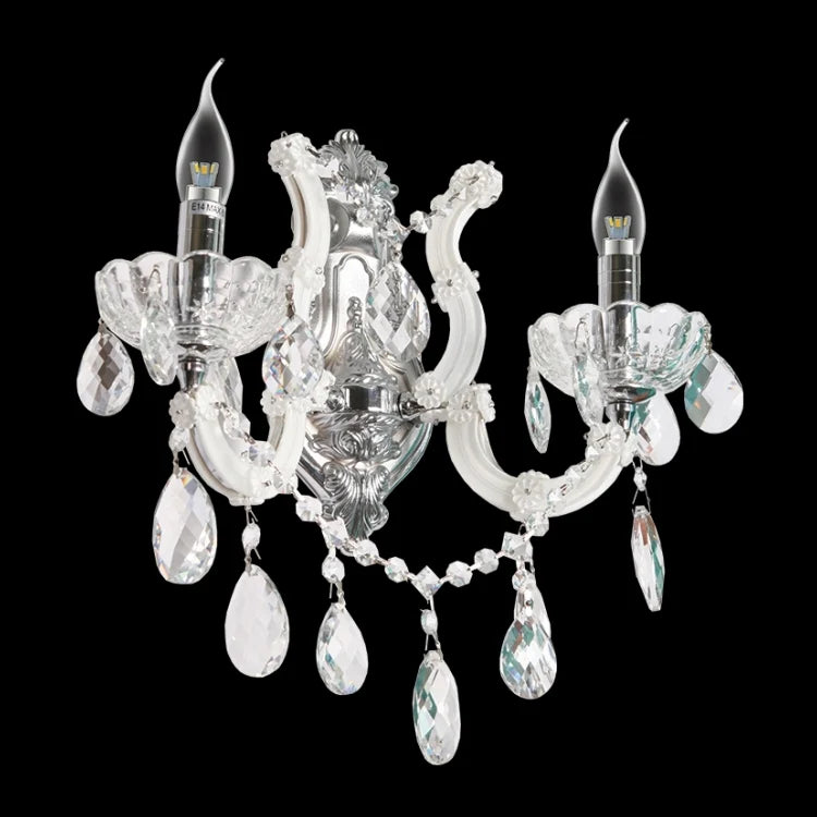 White glass and crystal two-arm wall light fixture