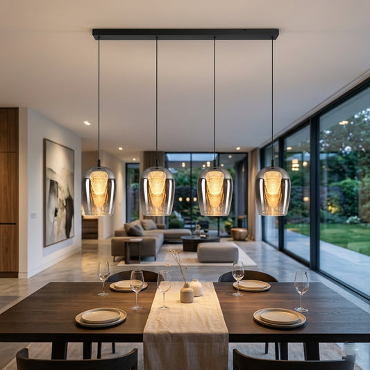 LED Crystal Egg Smoke Glass Pendants on a Bar