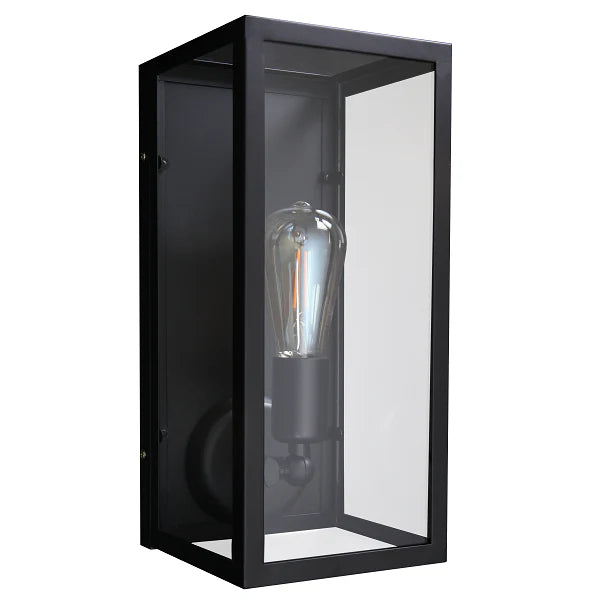 Eurolux O410B black steel and clear glass wall light.