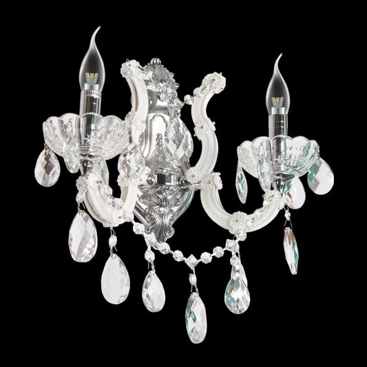 White glass and crystal two-arm wall light fixture